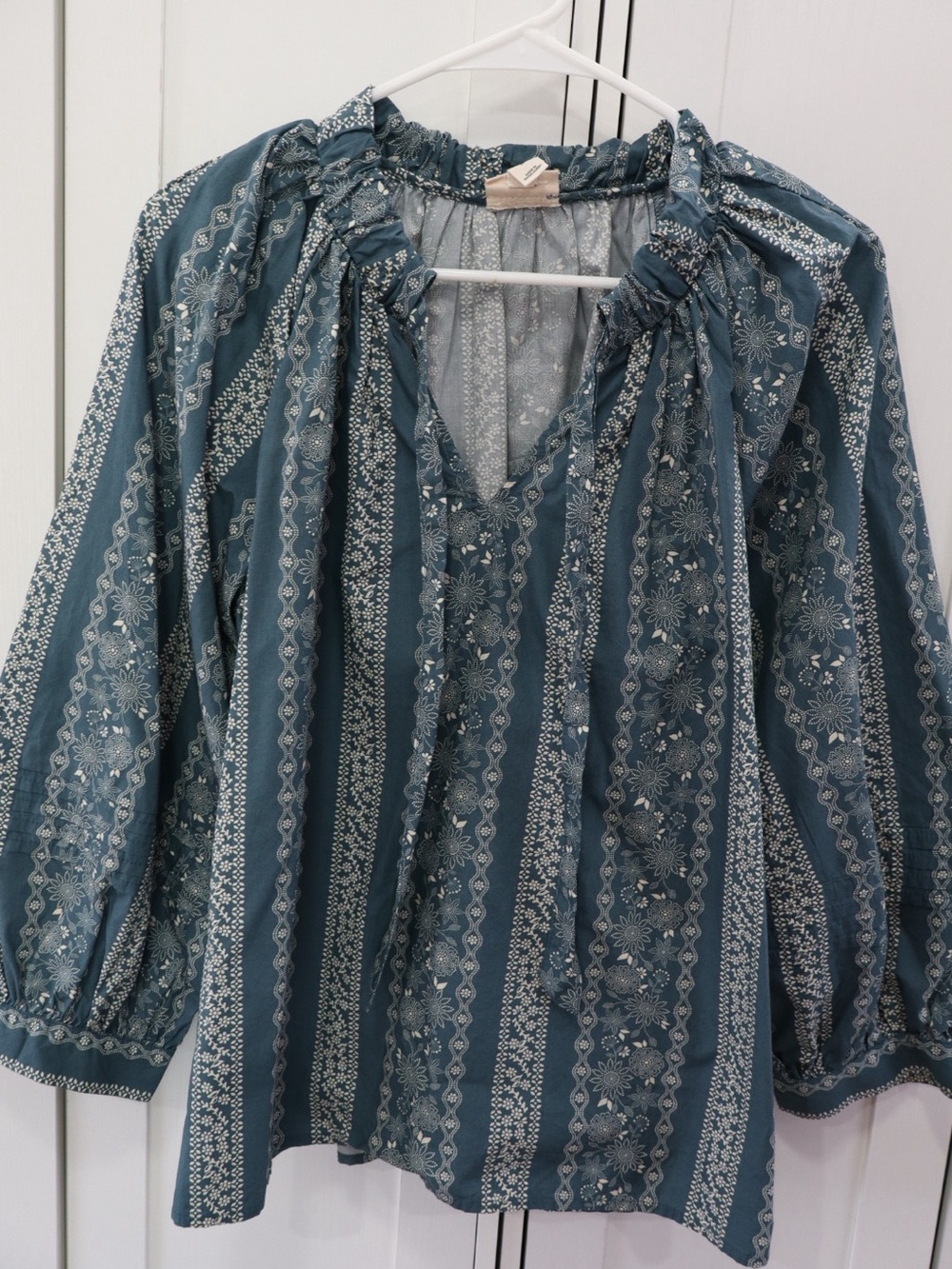 a.n.a Teal Floral Stripe Tie-Neck Peasant Blouse